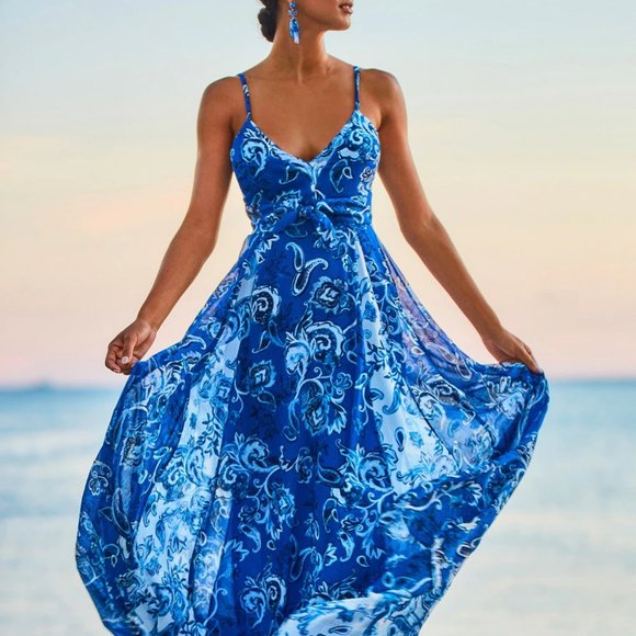 WHBM Mixed Print Chiffon Maxi Dress Paisley Bali Blue 4 - Picture 3 of 11